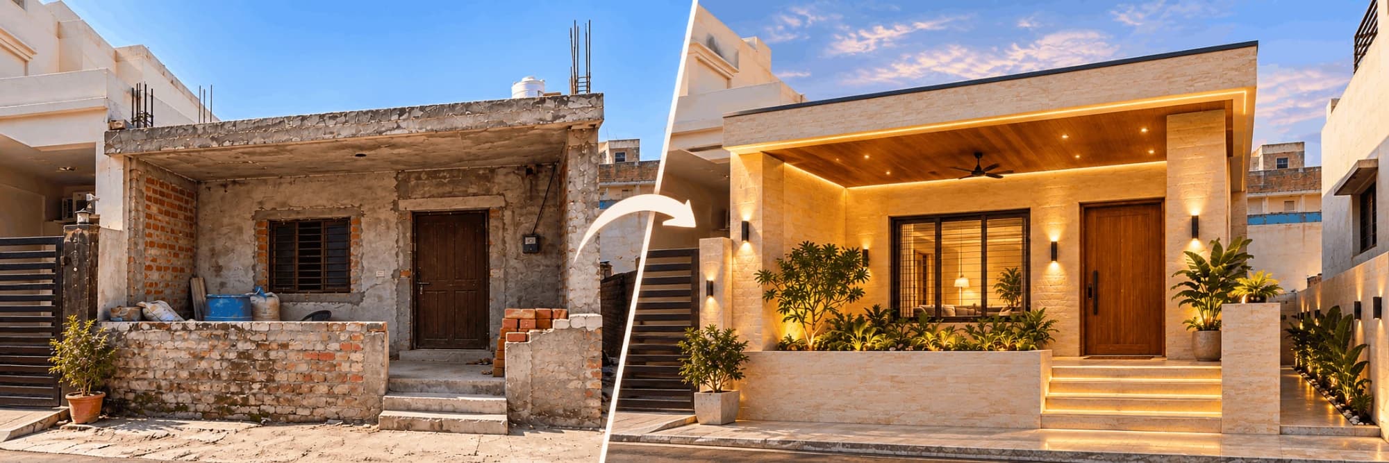 A small unfinished house with bare plaster and brick, and an arrow pointing to the same house finished with limestone cladding, a timber ceiling and warm lighting