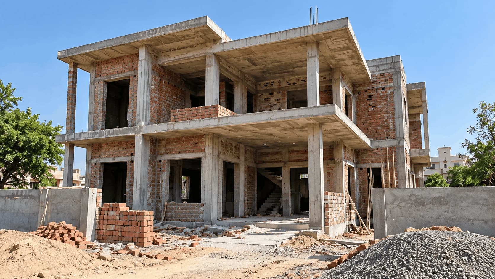 Unfinished two-storey house with a bare concrete frame and exposed brick