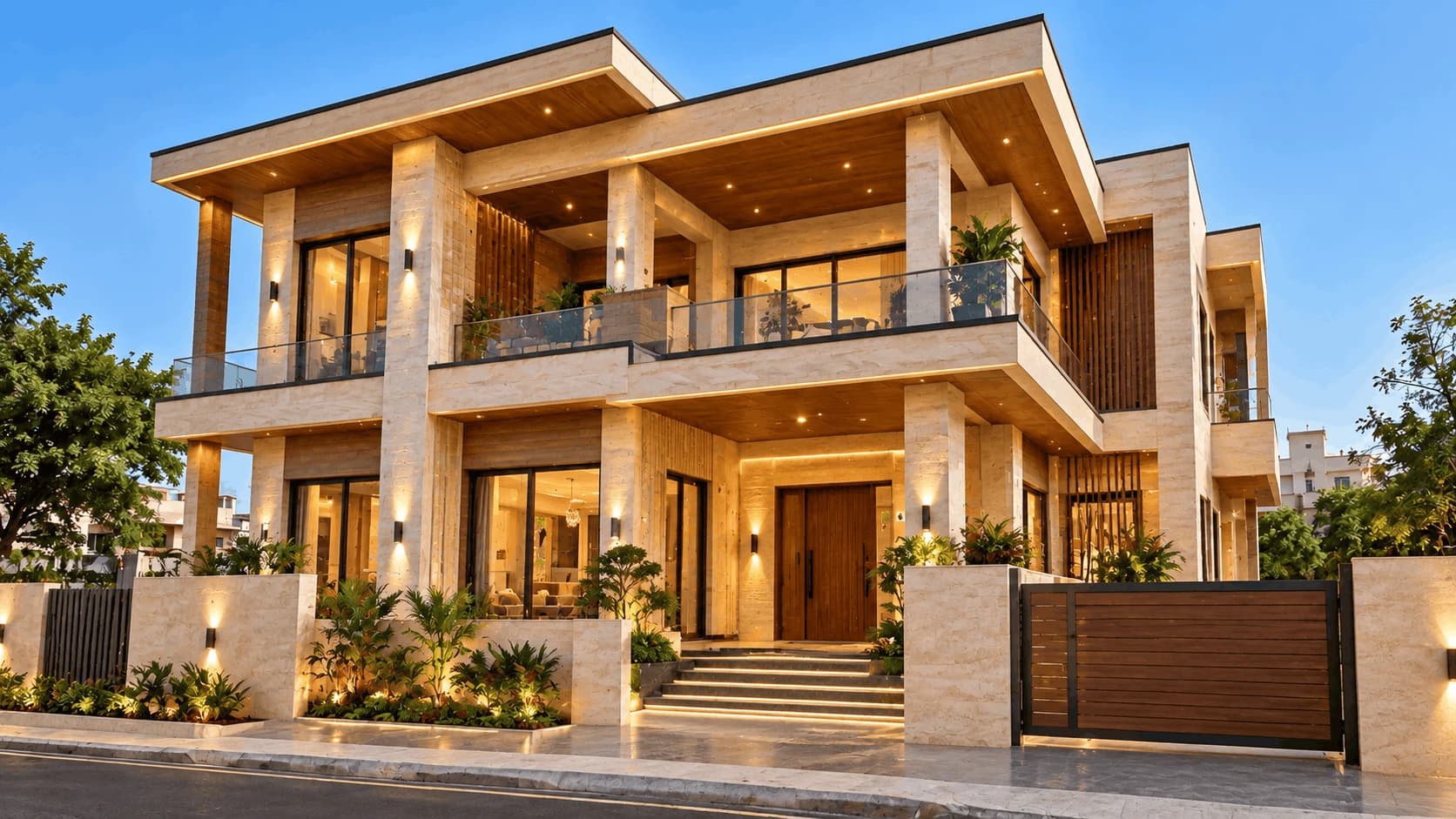 The same house finished in Modern Luxury style, with limestone cladding, timber soffits and glass balconies